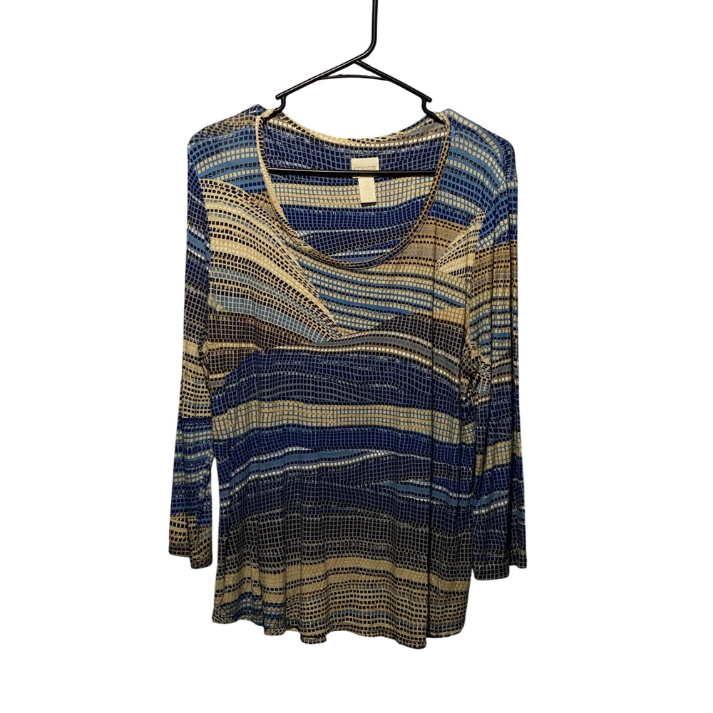 Chicos Blue Tan Abstract Geometric Mosaic Print Scoop‎ Neck Top Size 2 Large